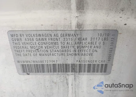 2011 Volkswagen Cc Sport z USA, uszkodzony, nr VIN WVWMN7AN0BE727117